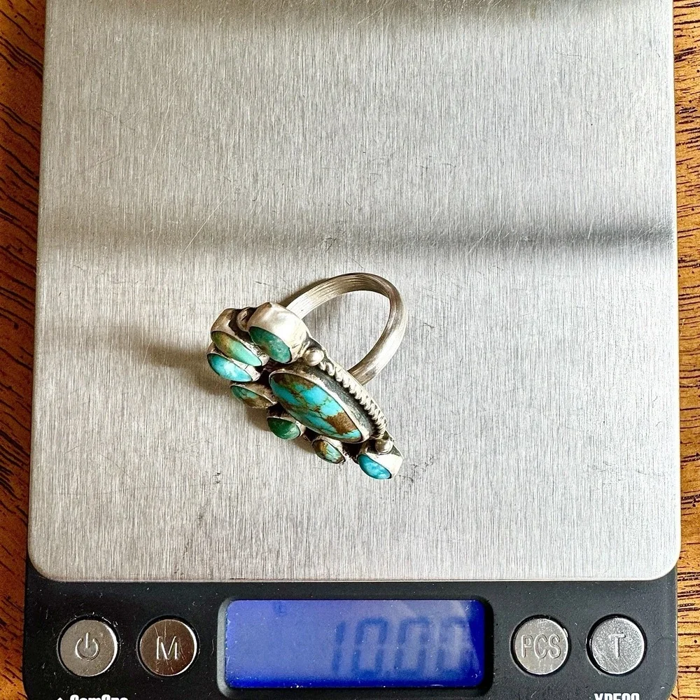 Navajo Turquoise Ring Half Cluster Sz7 Adj Sterling Signed G James Native Amer
